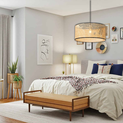 Suspension cannage en rotin moderne liserés noirs