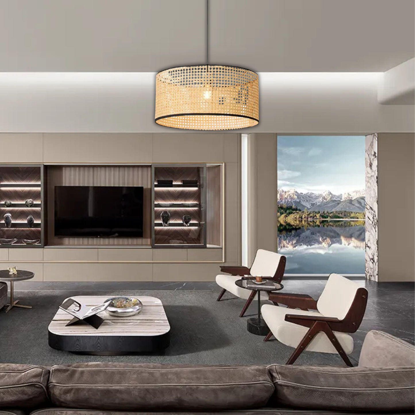 Suspension cannage en rotin moderne liserés noirs