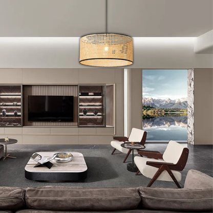 Suspension cannage en rotin moderne liserés noirs