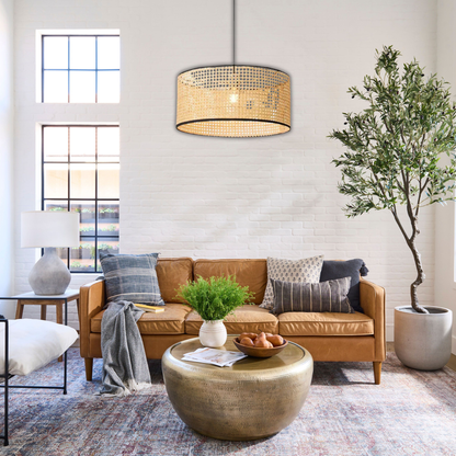 Suspension cannage en rotin moderne liserés noirs