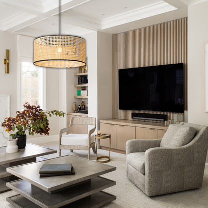 Suspension cannage en rotin moderne liserés noirs