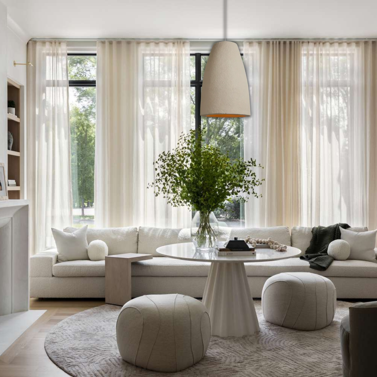 Suspension cloche allongée effet terre cuite beige bohème