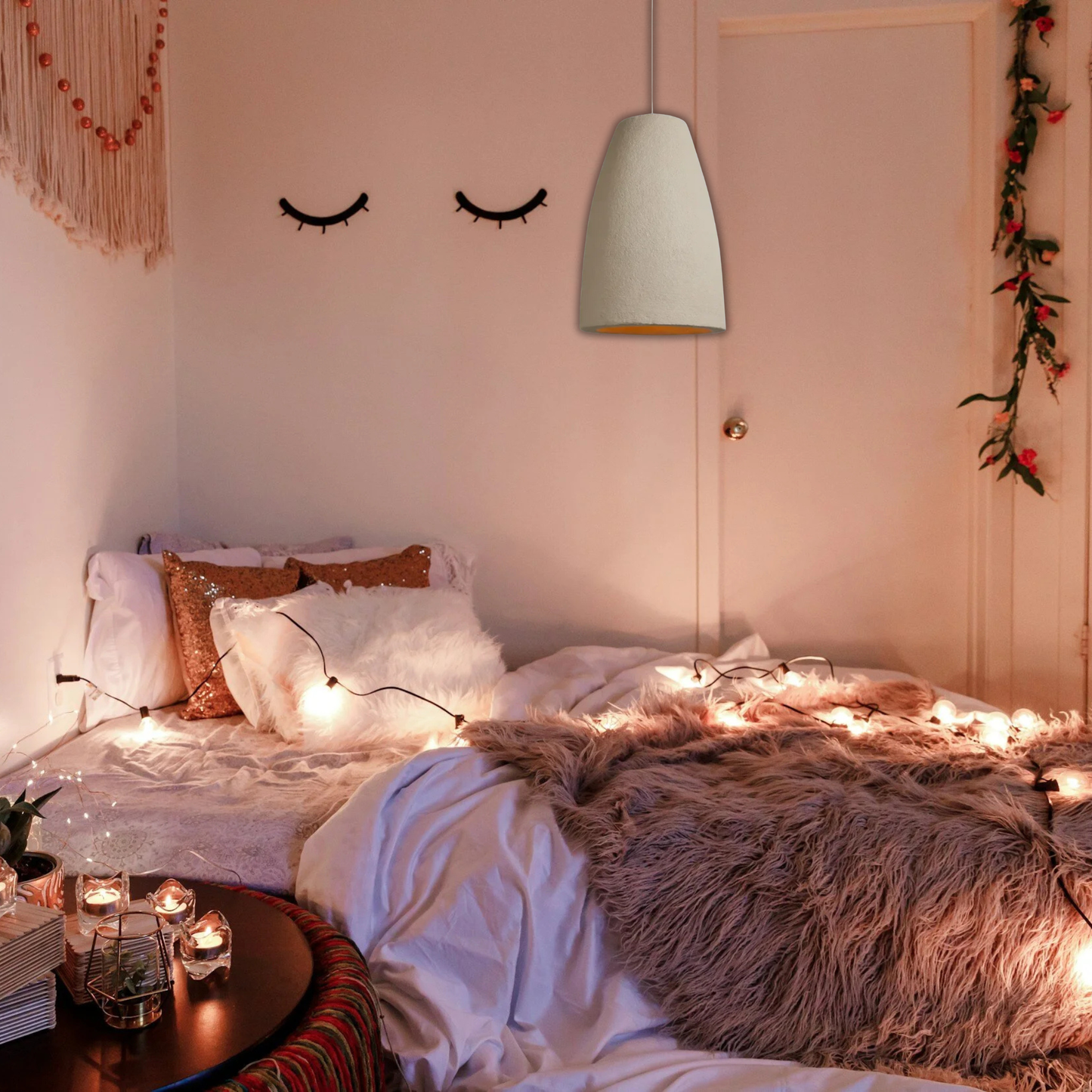 Suspension cloche allongée effet terre cuite beige bohème