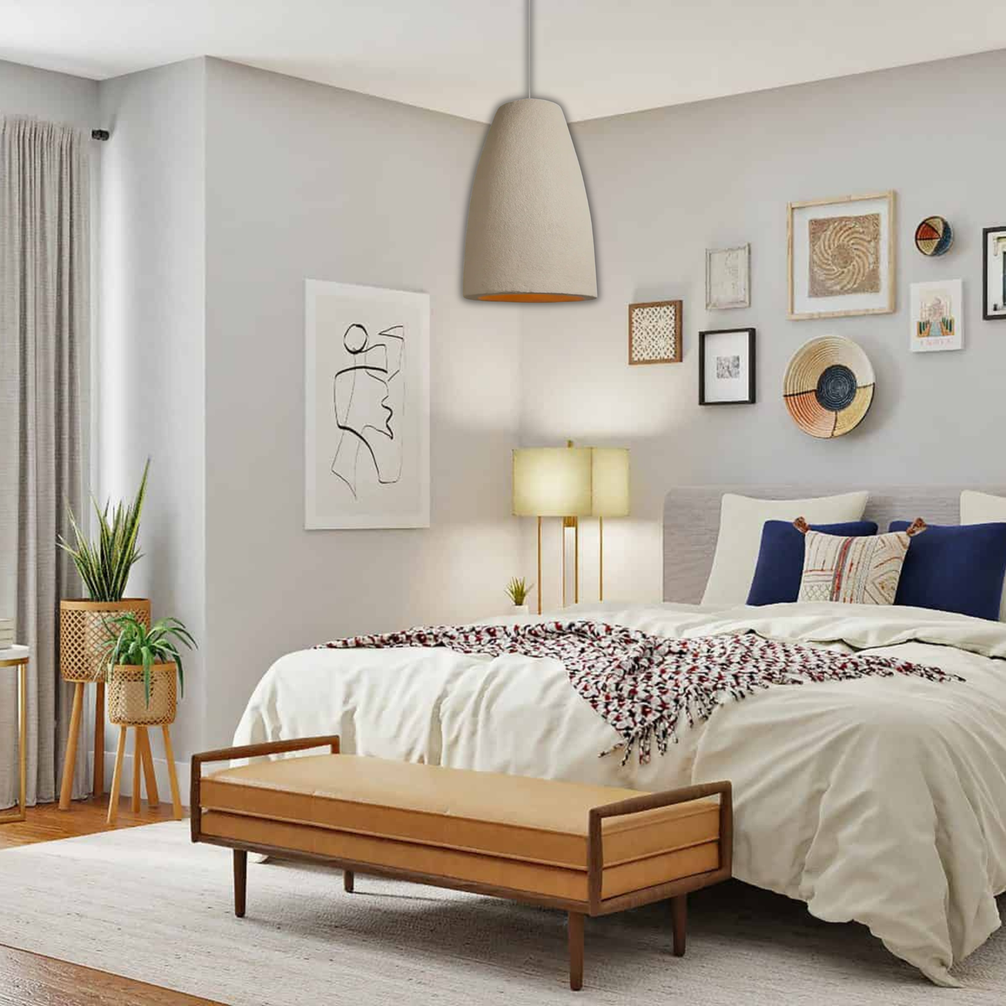 Suspension cloche allongée effet terre cuite beige bohème