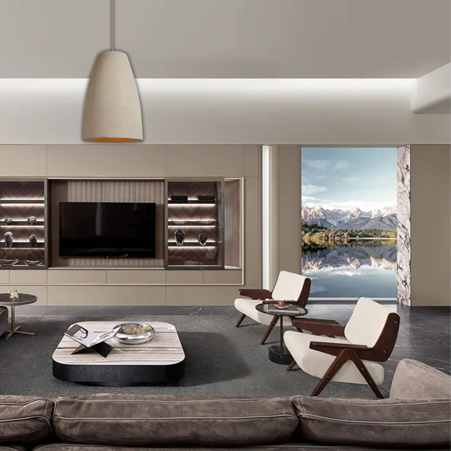 Suspension cloche allongée effet terre cuite beige bohème