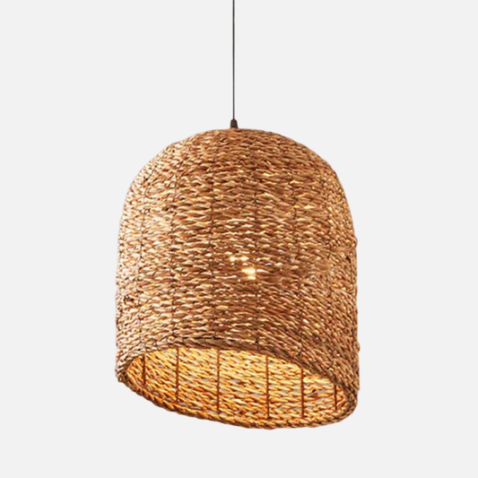 Suspension cloche biseautée en osier raphia bohème