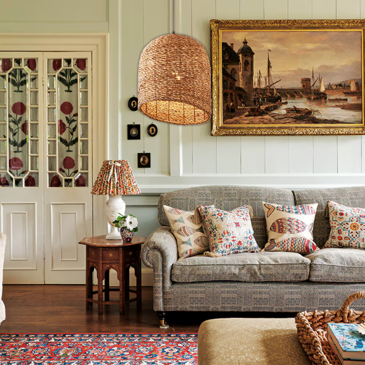 Suspension cloche biseautée en osier raphia bohème