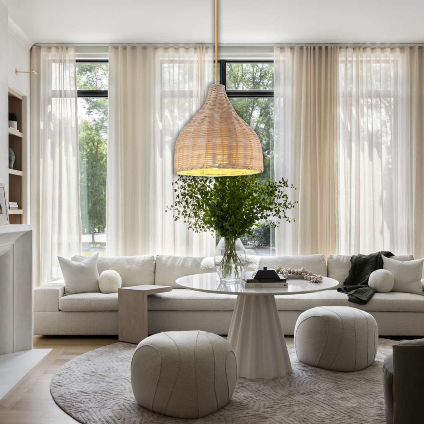 Suspension cloche osier tressé blanc style bohème