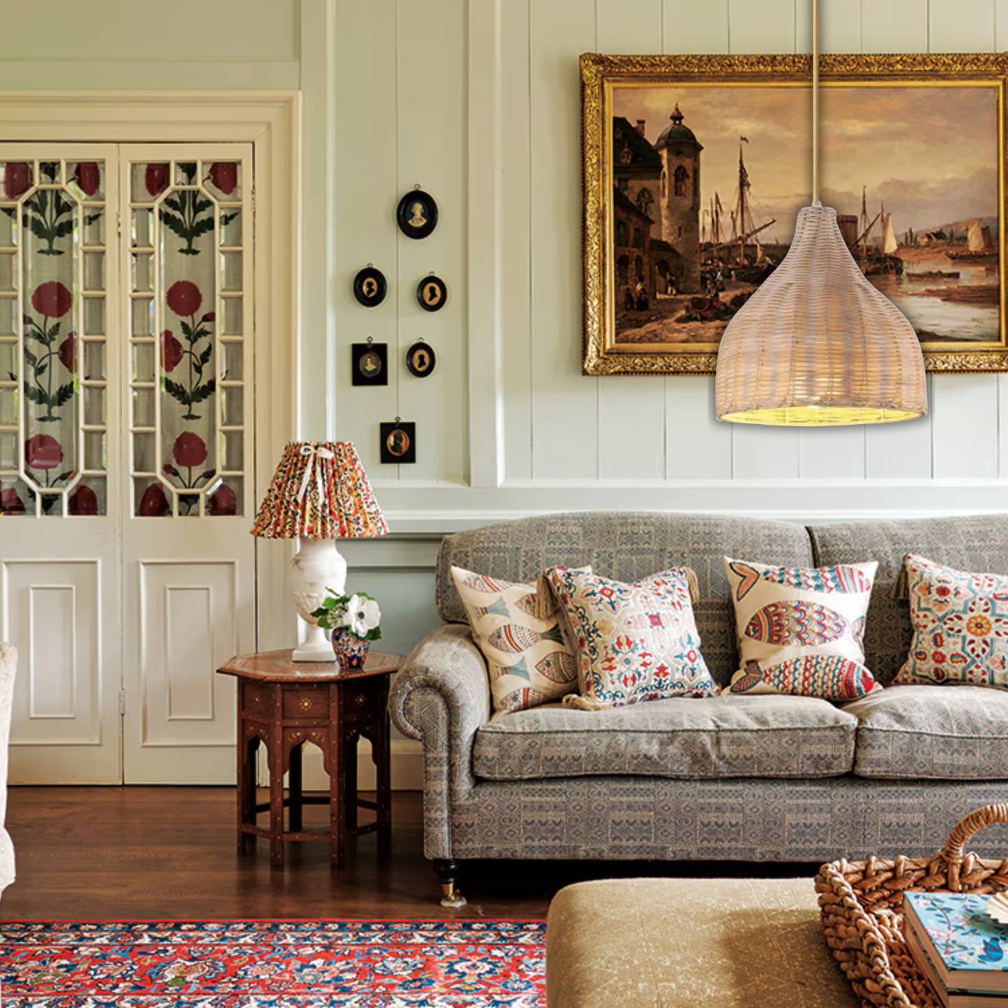 Suspension cloche osier tressé blanc style bohème