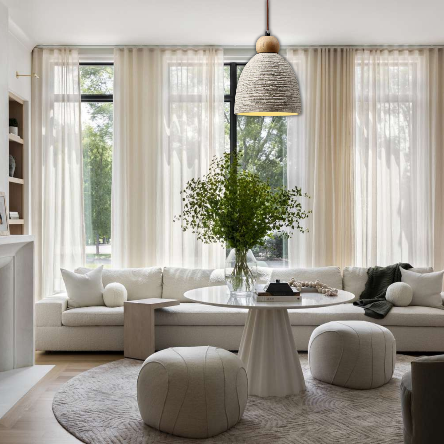 Suspension cloche rainurée terre cuite bois scandinave