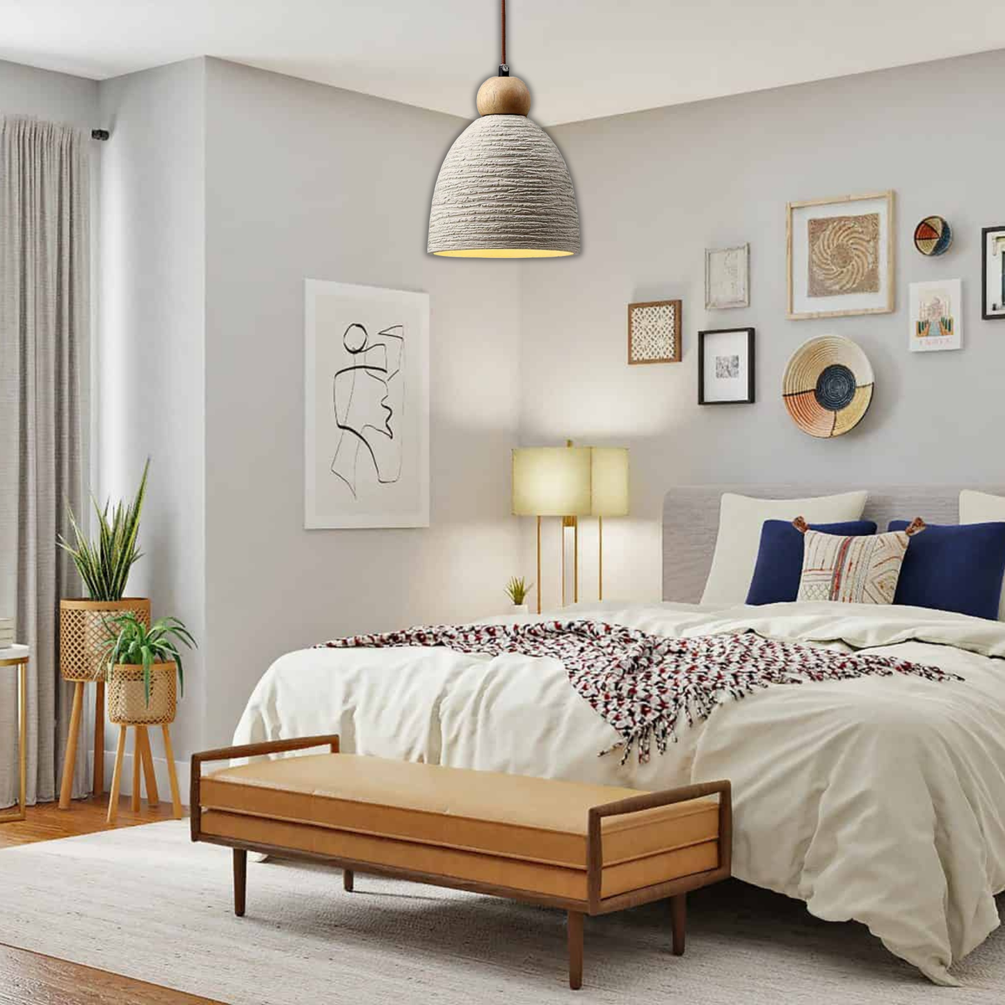 Suspension cloche rainurée terre cuite bois scandinave