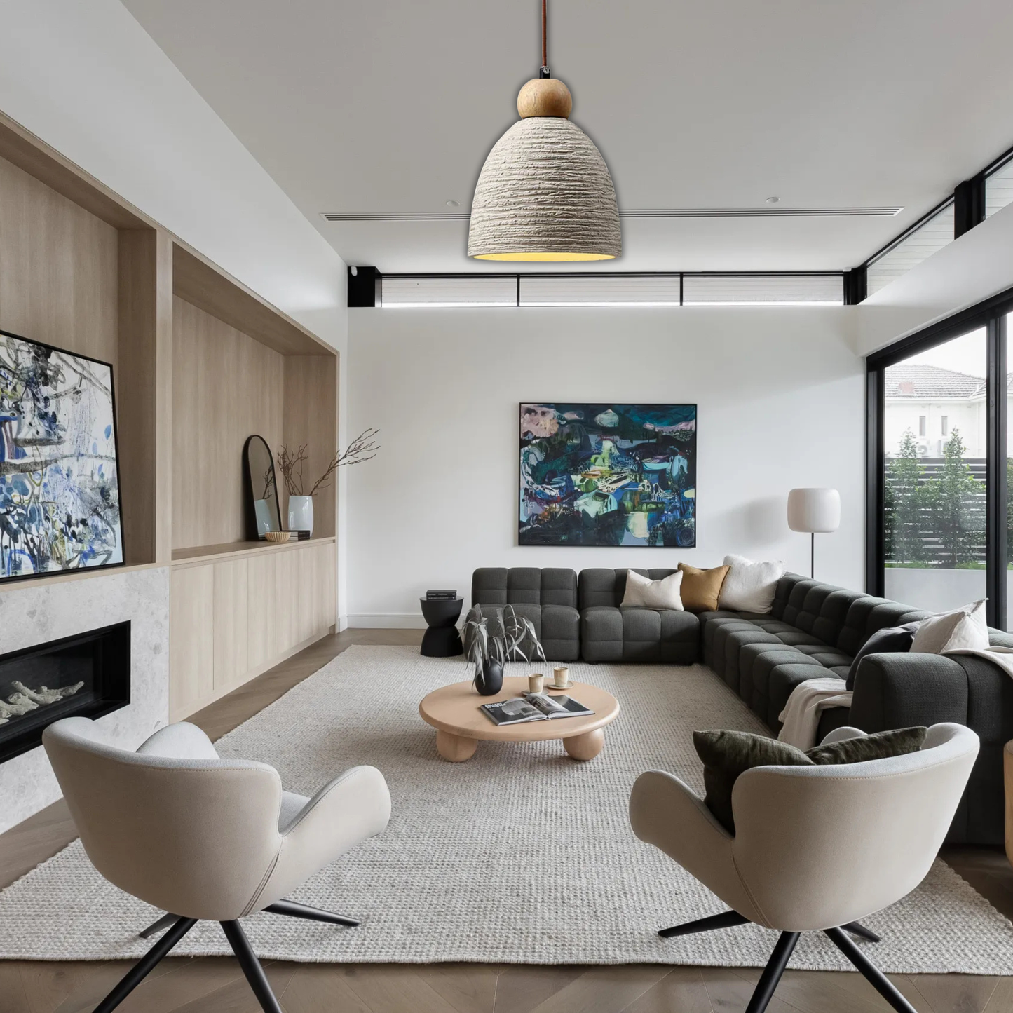 Suspension cloche rainurée terre cuite bois scandinave