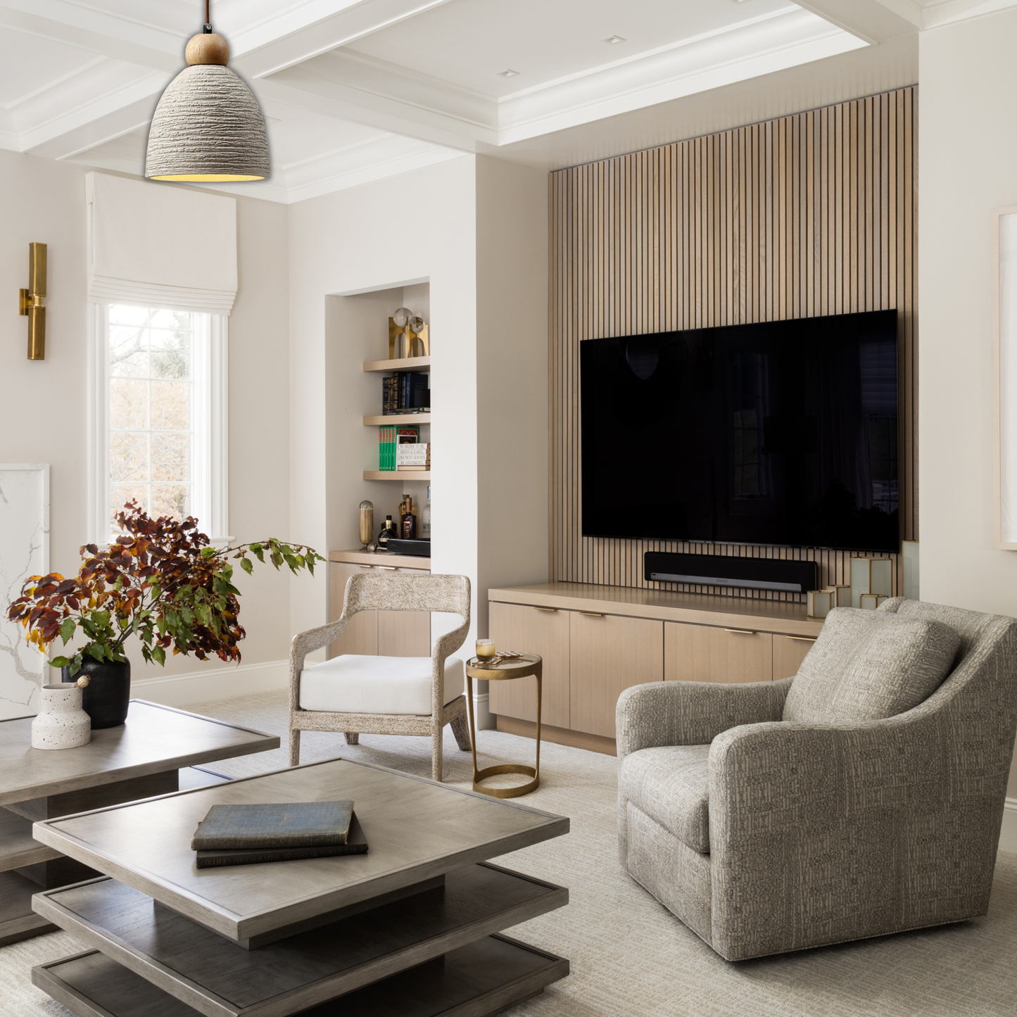 Suspension cloche rainurée terre cuite bois scandinave