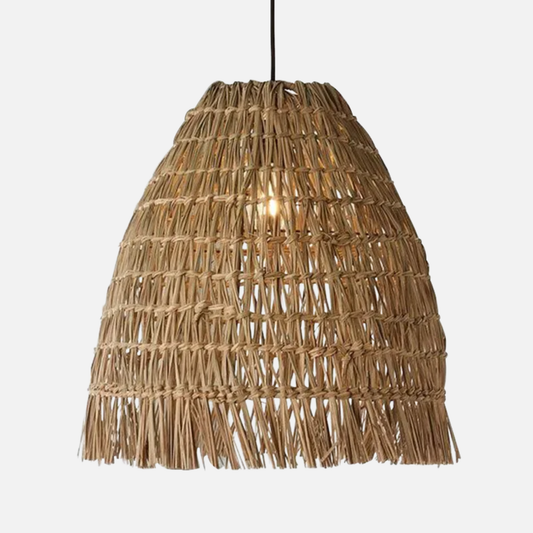 Suspension cloche tressée frangée en osier raphia bohème