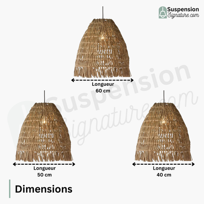 Suspension cloche tressée frangée en osier raphia bohème