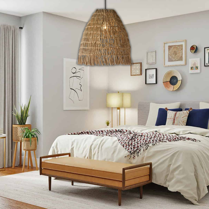 Suspension cloche tressée frangée en osier raphia bohème