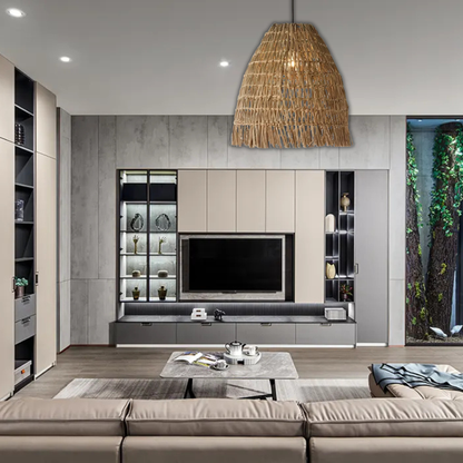 Suspension cloche tressée frangée en osier raphia bohème