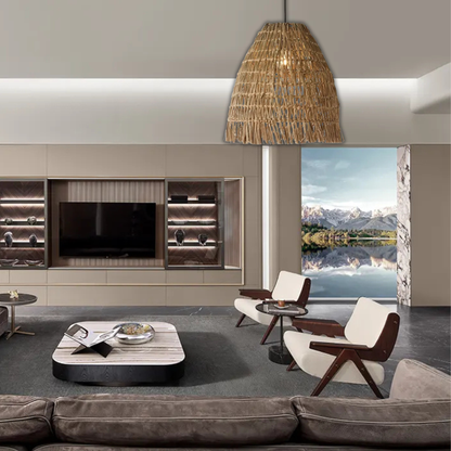 Suspension cloche tressée frangée en osier raphia bohème