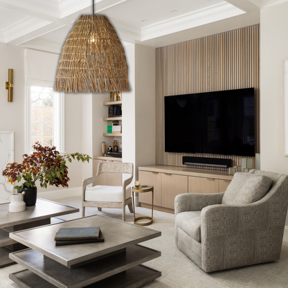 Suspension cloche tressée frangée en osier raphia bohème