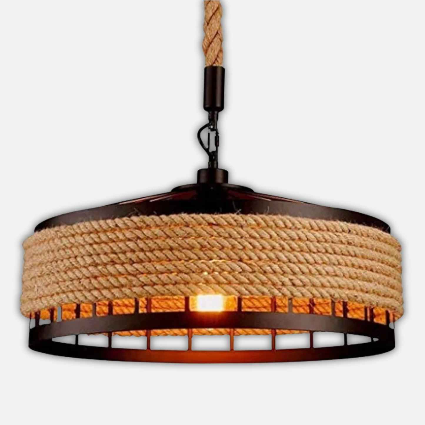 Suspension corde et métal noir cloche ajourée design industriel