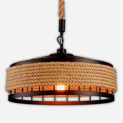 Suspension corde et métal noir cloche ajourée design industriel