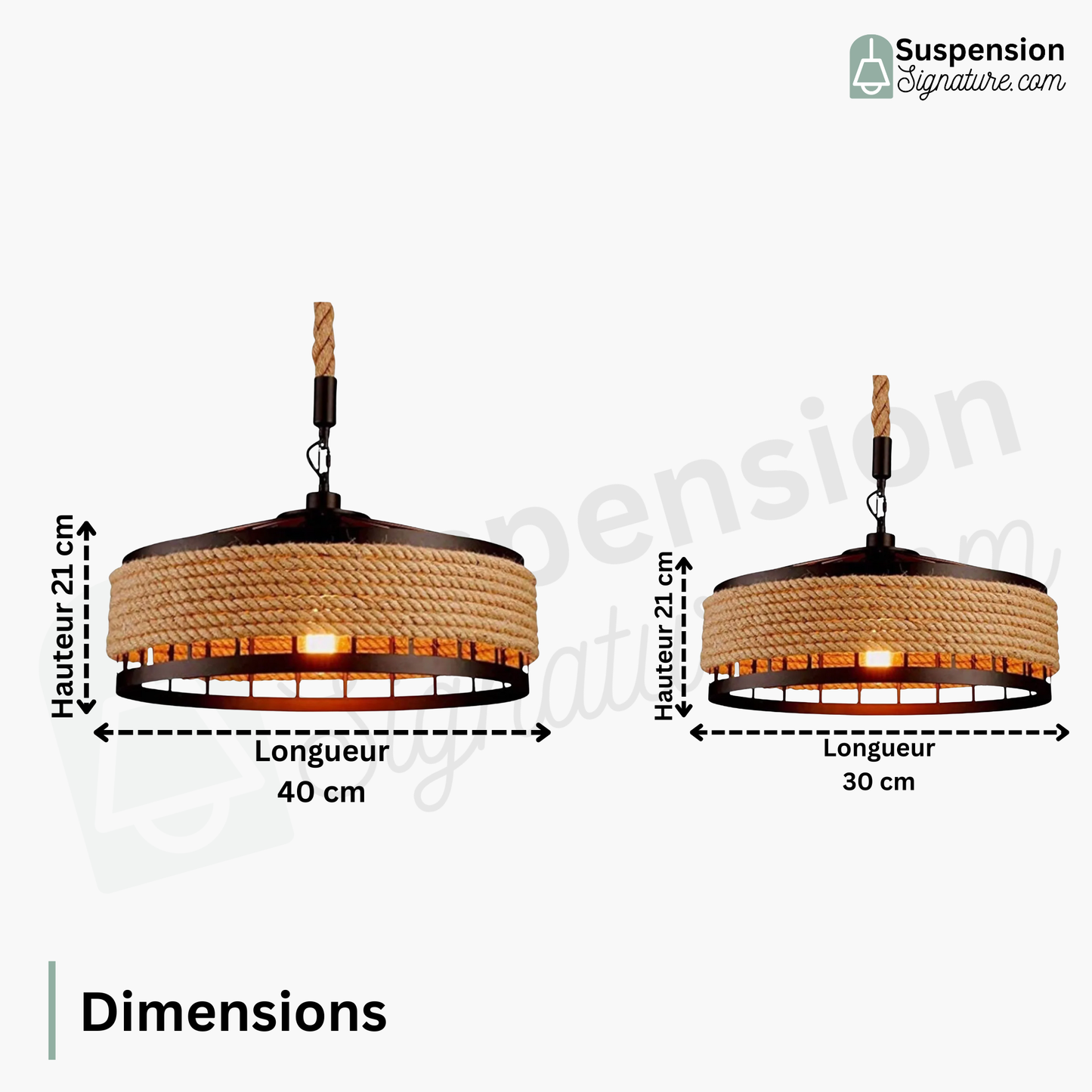Suspension corde et métal noir cloche ajourée design industriel