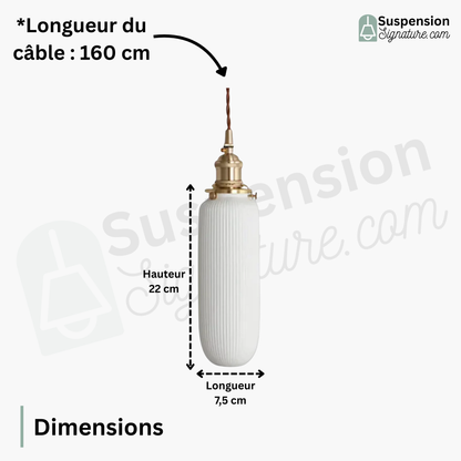 Suspension céramique blanche rainurée et cuivre allongée vintage