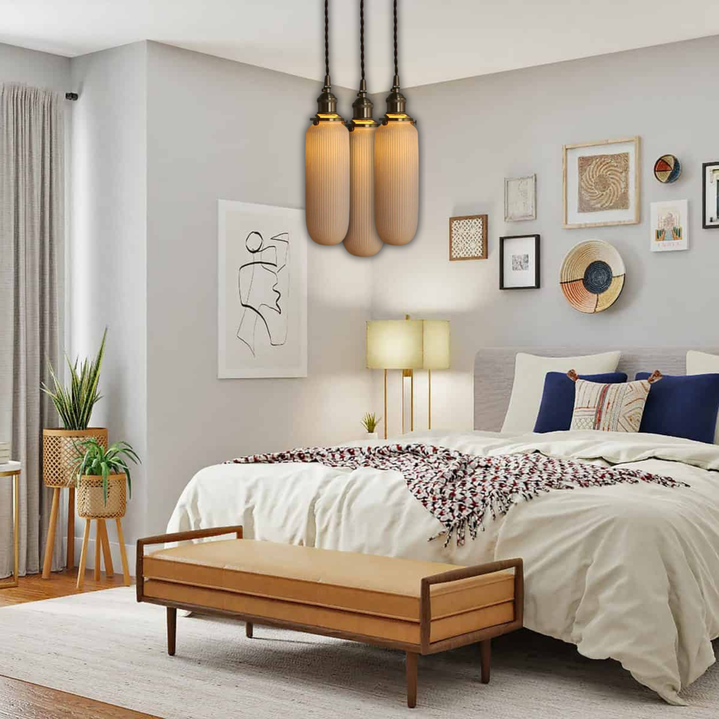 Suspension céramique blanche rainurée et cuivre allongée vintage