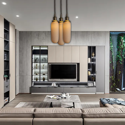 Suspension céramique blanche rainurée et cuivre allongée vintage