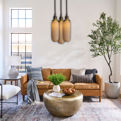 Suspension céramique blanche rainurée et cuivre allongée vintage