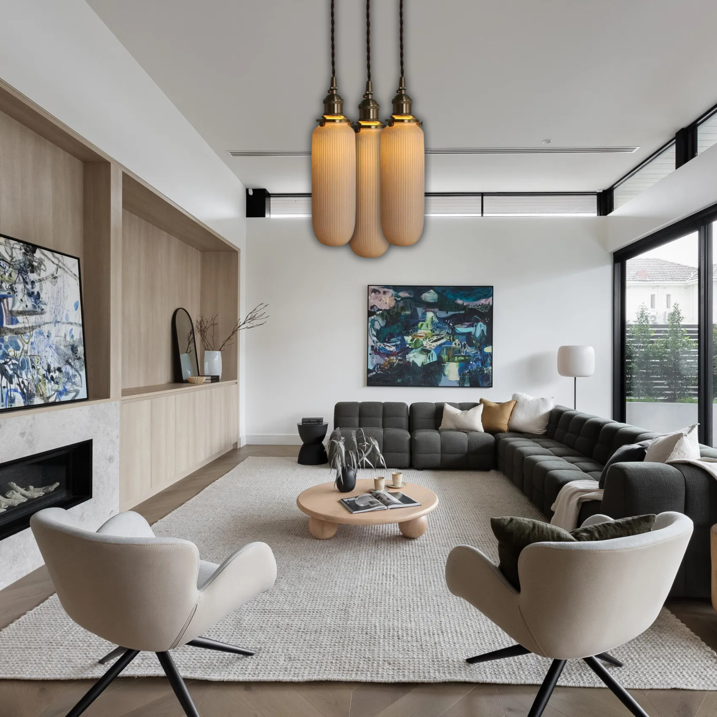 Suspension céramique blanche rainurée et cuivre allongée vintage