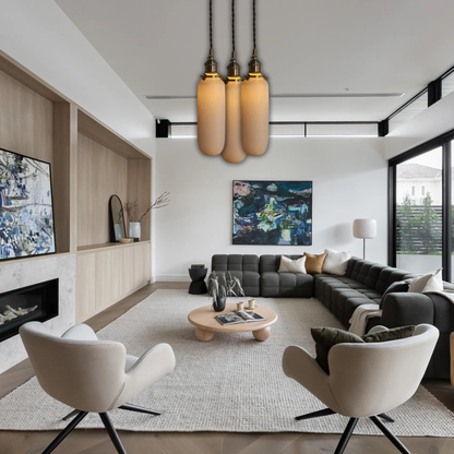 Suspension céramique blanche rainurée et cuivre allongée vintage