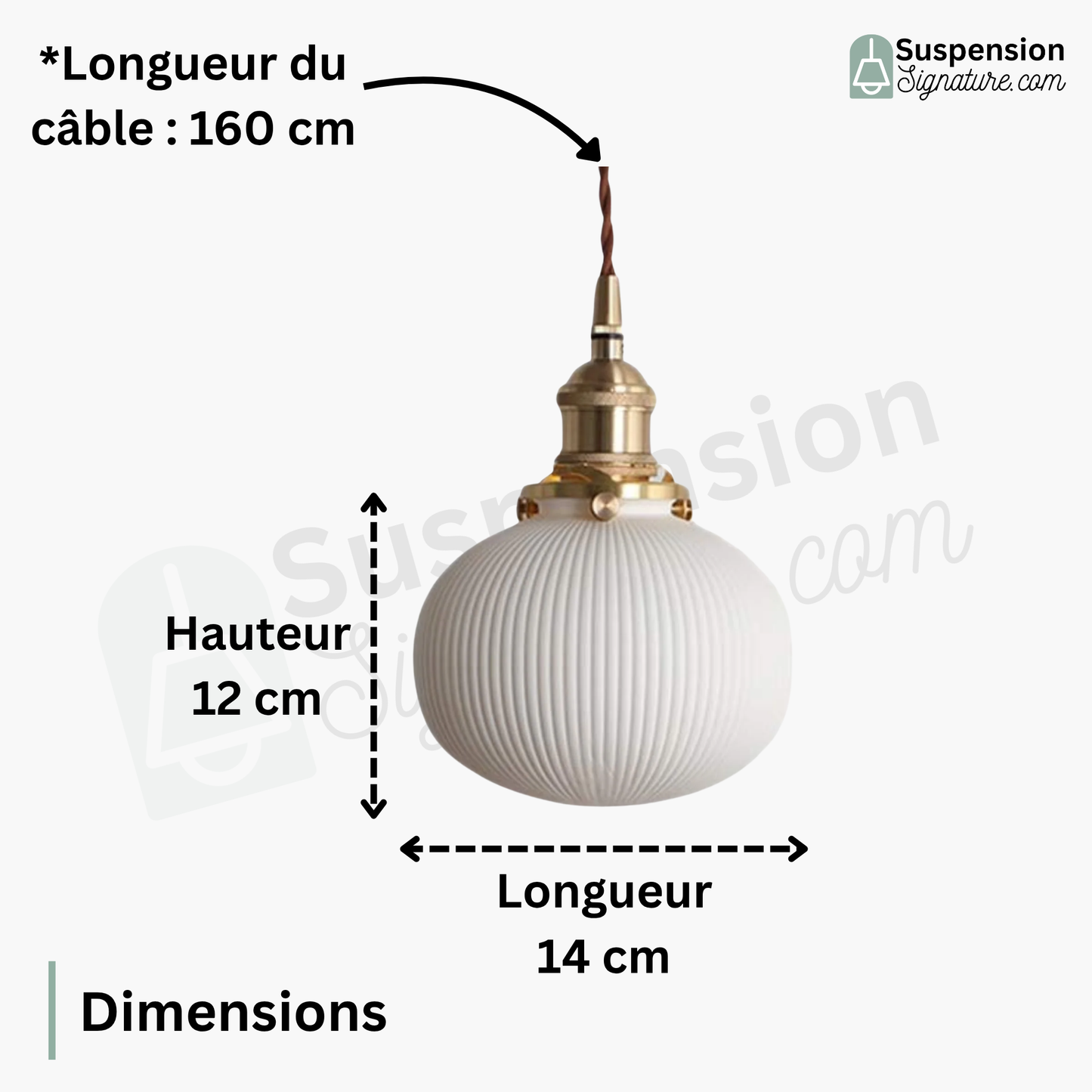 Suspension céramique blanche rainurée et cuivre boule vintage