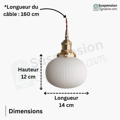 Suspension céramique blanche rainurée et cuivre boule vintage