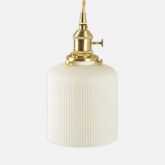 Suspension céramique blanche rainurée et cuivre cloche vintage