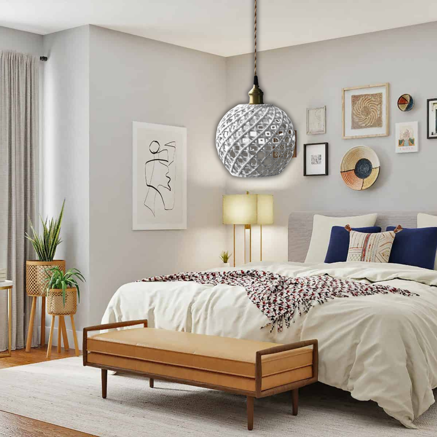 Suspension céramique effet cannage forme boule