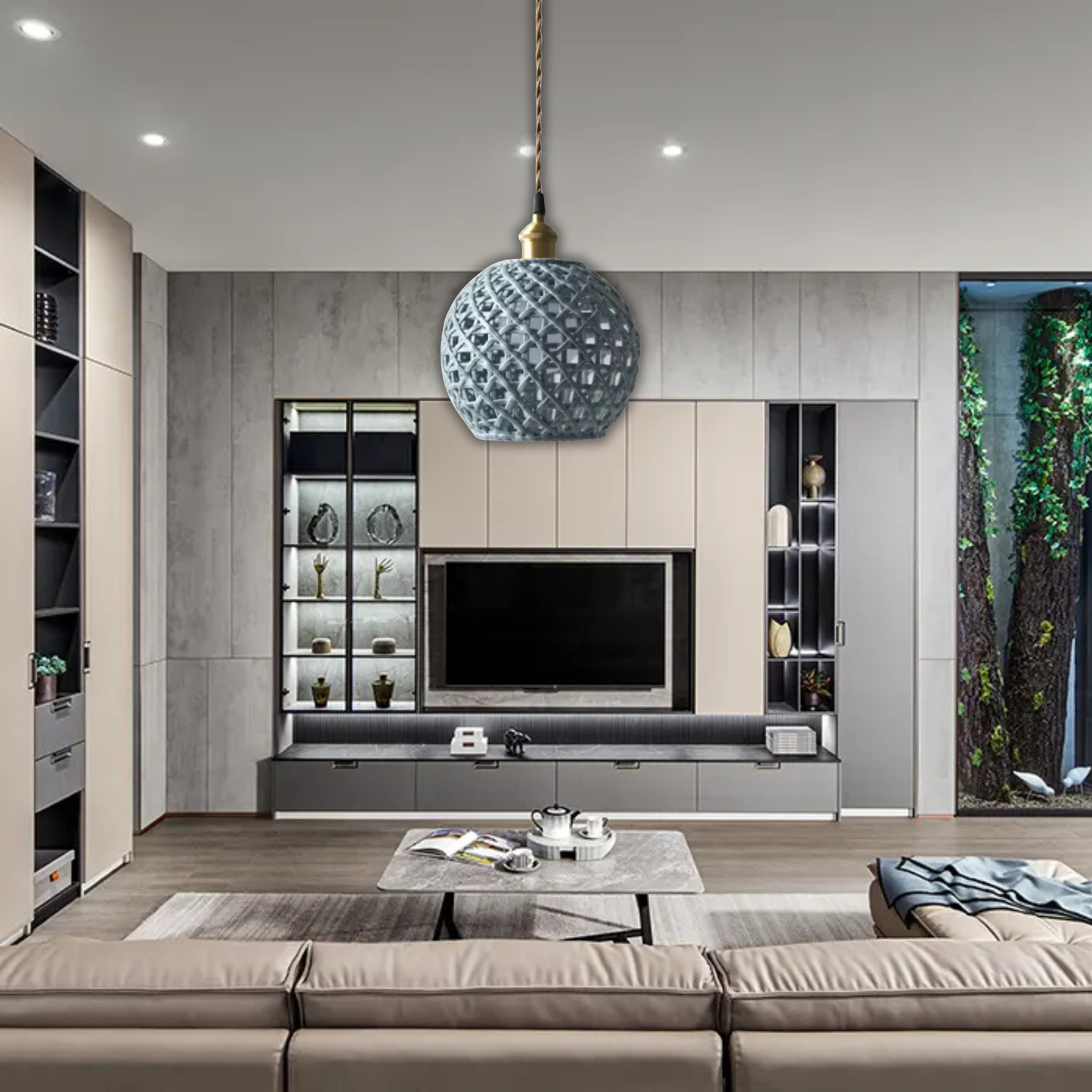 Suspension céramique effet cannage forme boule