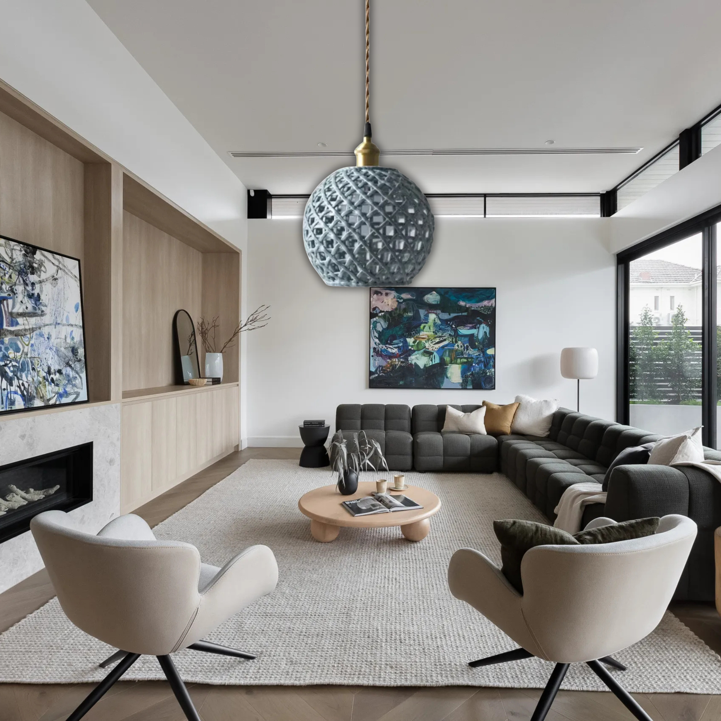 Suspension céramique effet cannage forme boule