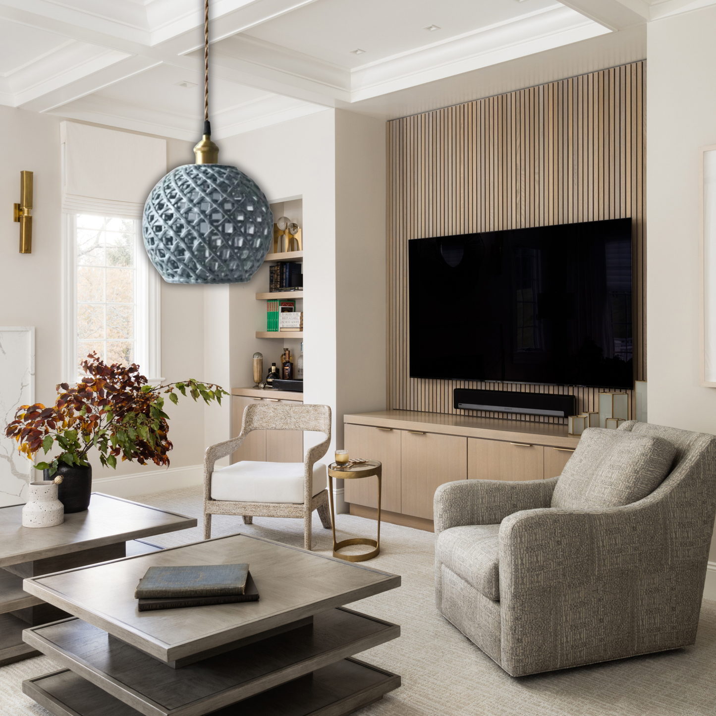 Suspension céramique effet cannage forme boule