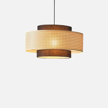 Suspension cylindrique en rotin cannage et tissu moderne