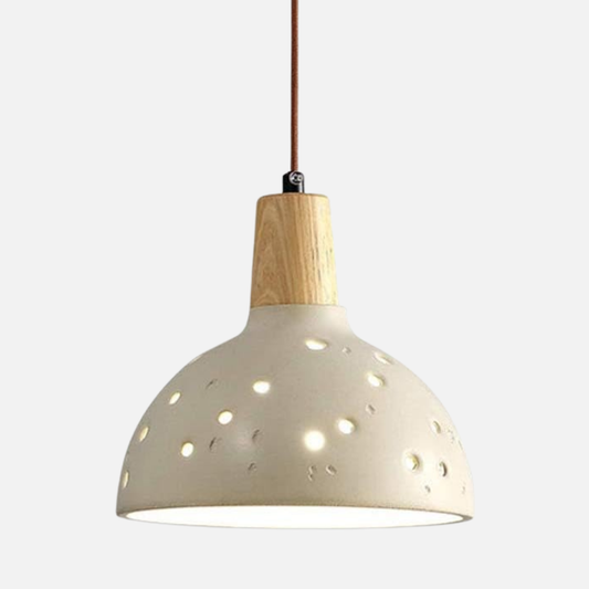 Suspension globe ajouré pois terre cuite bois scandinave