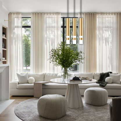 Suspension laiton cylindre doré anneaux lumineux moderne