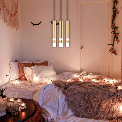 Suspension laiton cylindre doré anneaux lumineux moderne