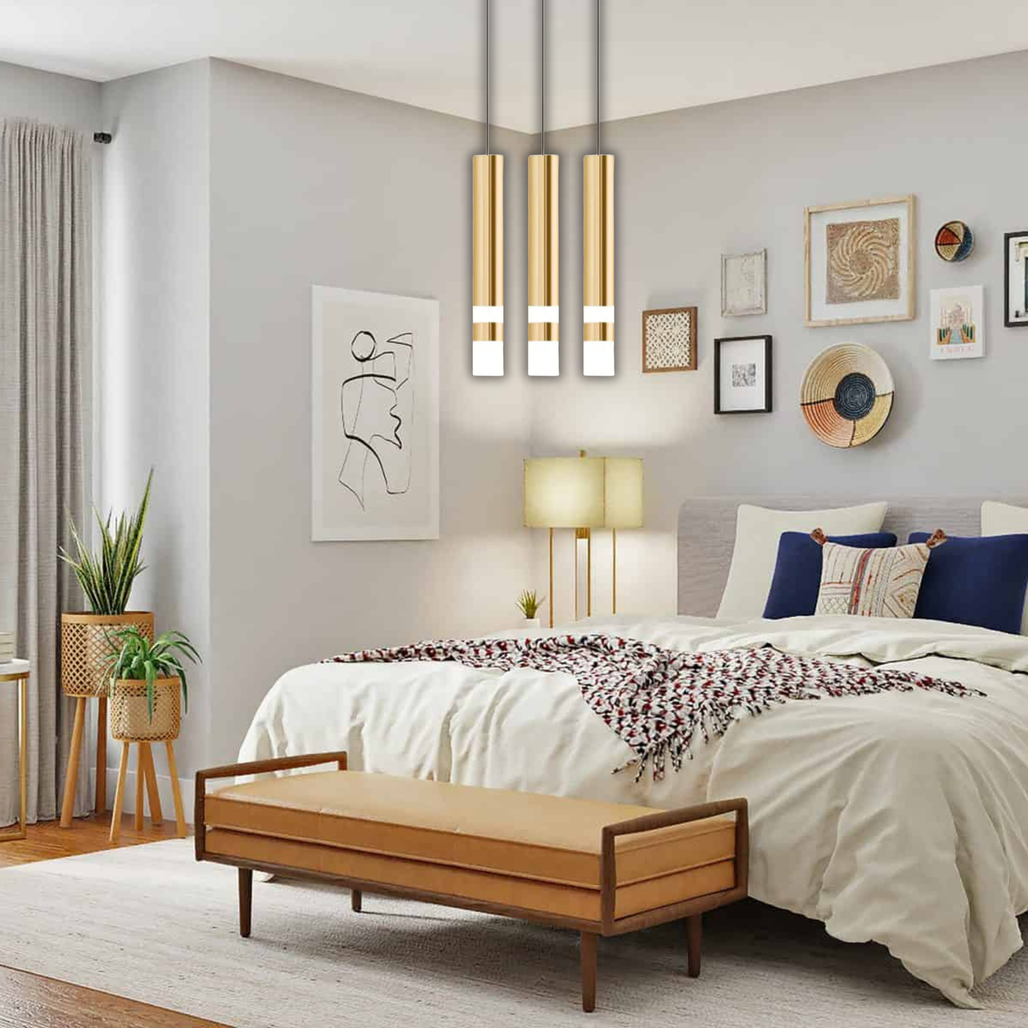 Suspension laiton cylindre doré anneaux lumineux moderne