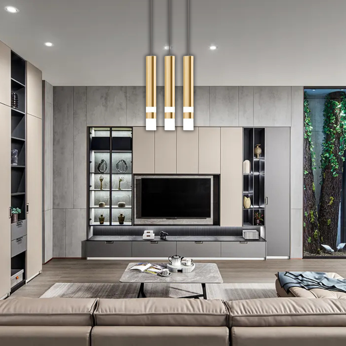 Suspension laiton cylindre doré anneaux lumineux moderne