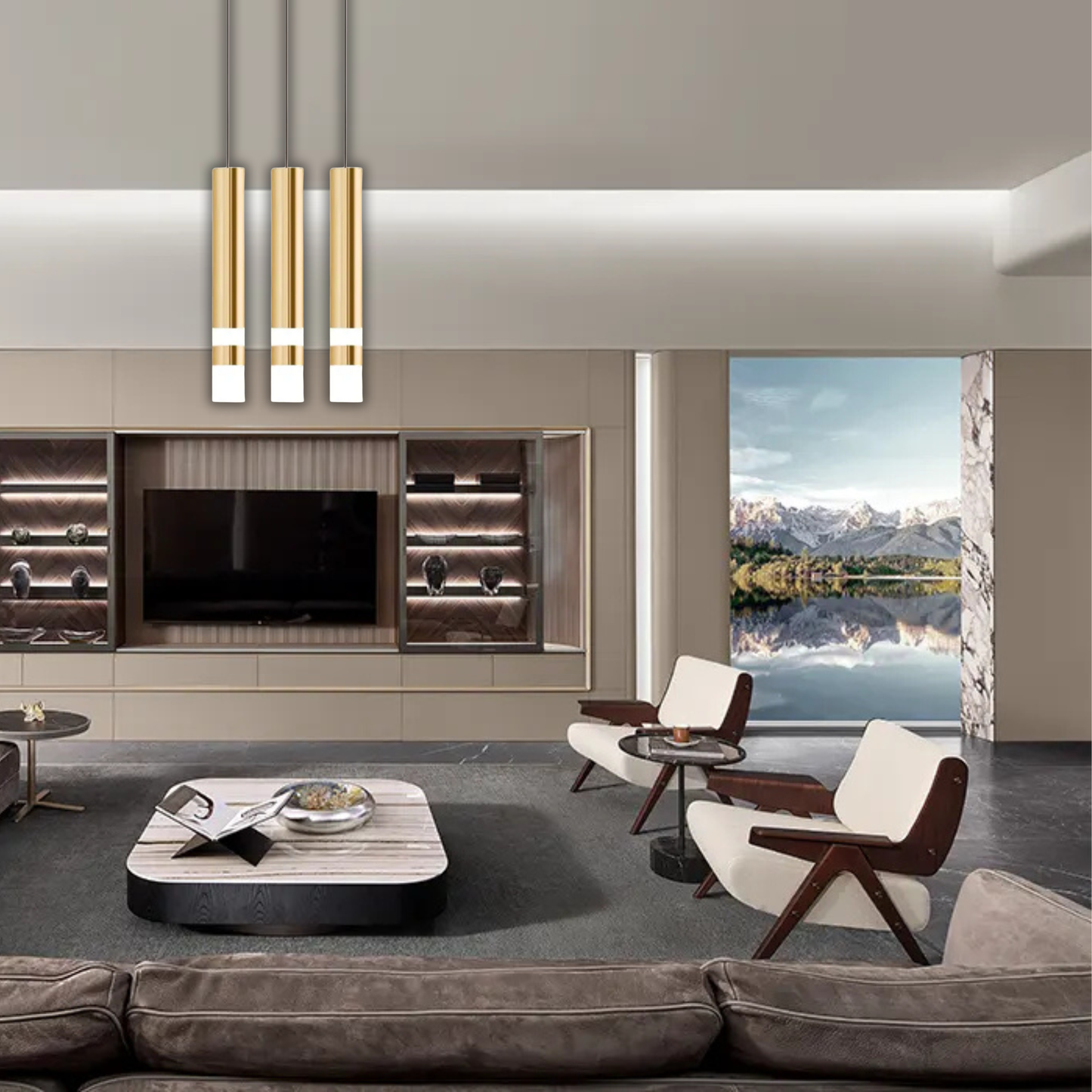 Suspension laiton cylindre doré anneaux lumineux moderne