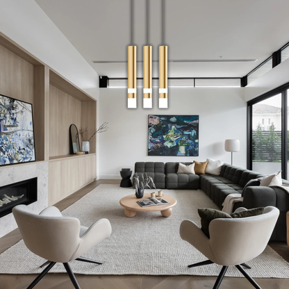 Suspension laiton cylindre doré anneaux lumineux moderne