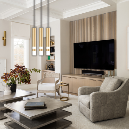 Suspension laiton cylindre doré anneaux lumineux moderne