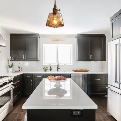 Suspension laiton et verre fumé design vintage carré évasé