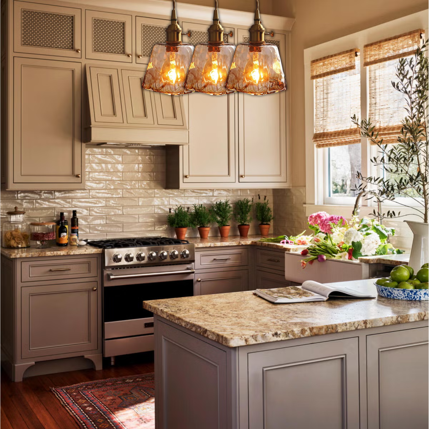 Suspension laiton et verre fumé design vintage carré évasé